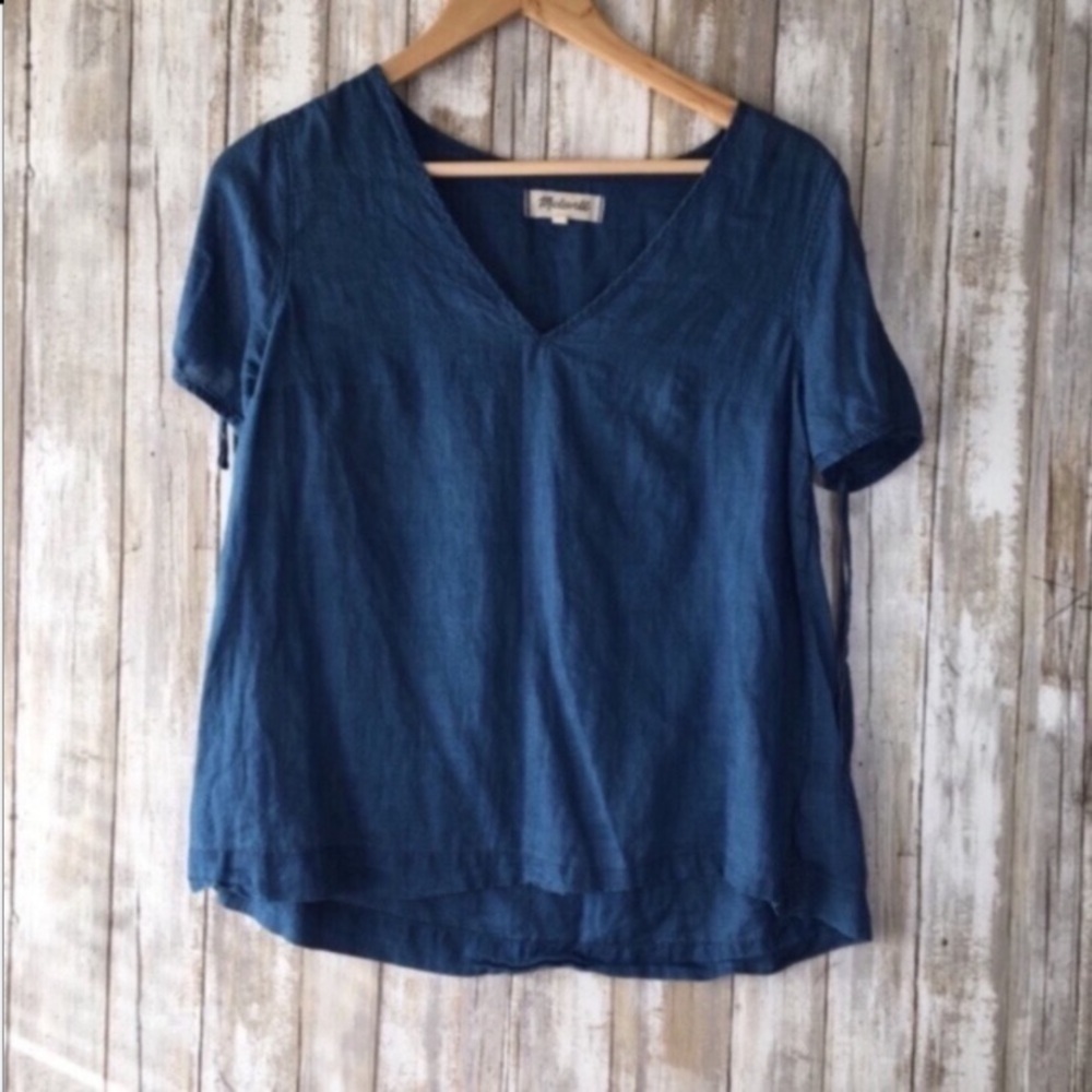 Madewell Blue Tie Sleeve Blouse V Neck Cotton Top Short Sleeve XS Casual - Picture 2 of 5